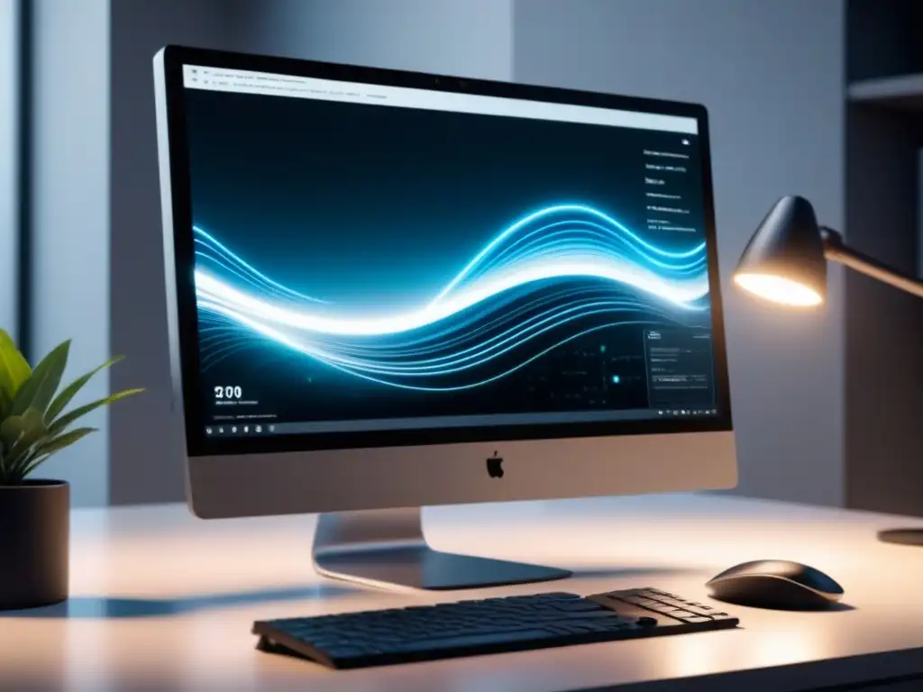 Un ordenador moderno muestra líneas de código en una pantalla elegante, reflejando profesionalismo e innovación