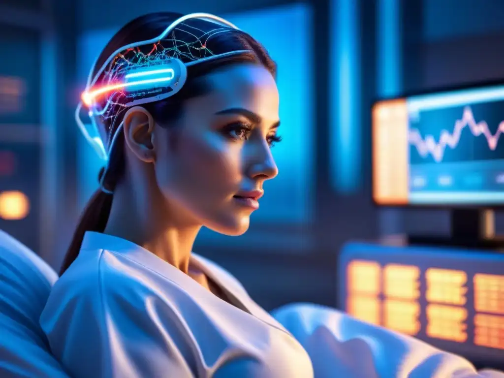 Interfaz cerebro-computadora: ilustración futurista en hospital Un paciente en cama hospitalaria con una interfaz cerebrocomputadora de alta tecnología, mostrando conexiones neurales vibrantes