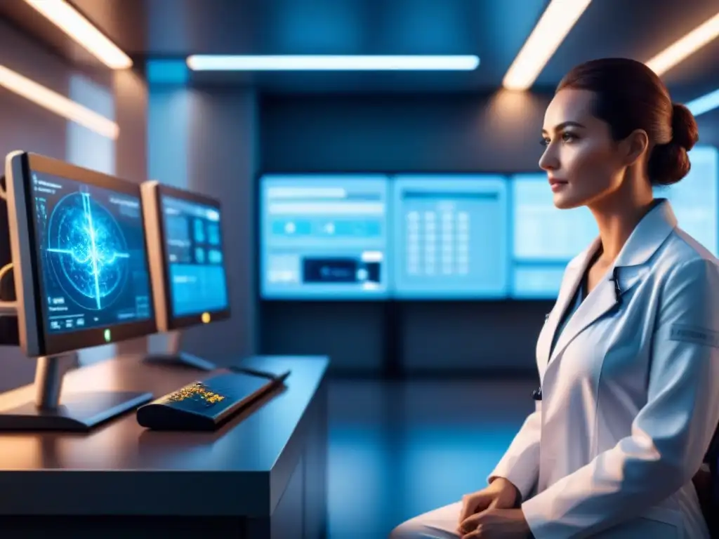 Interfaz cerebrocomputadora: Futuro en medicina Un paciente conectado a una interfaz cerebrocomputadora en un escenario médico futurista