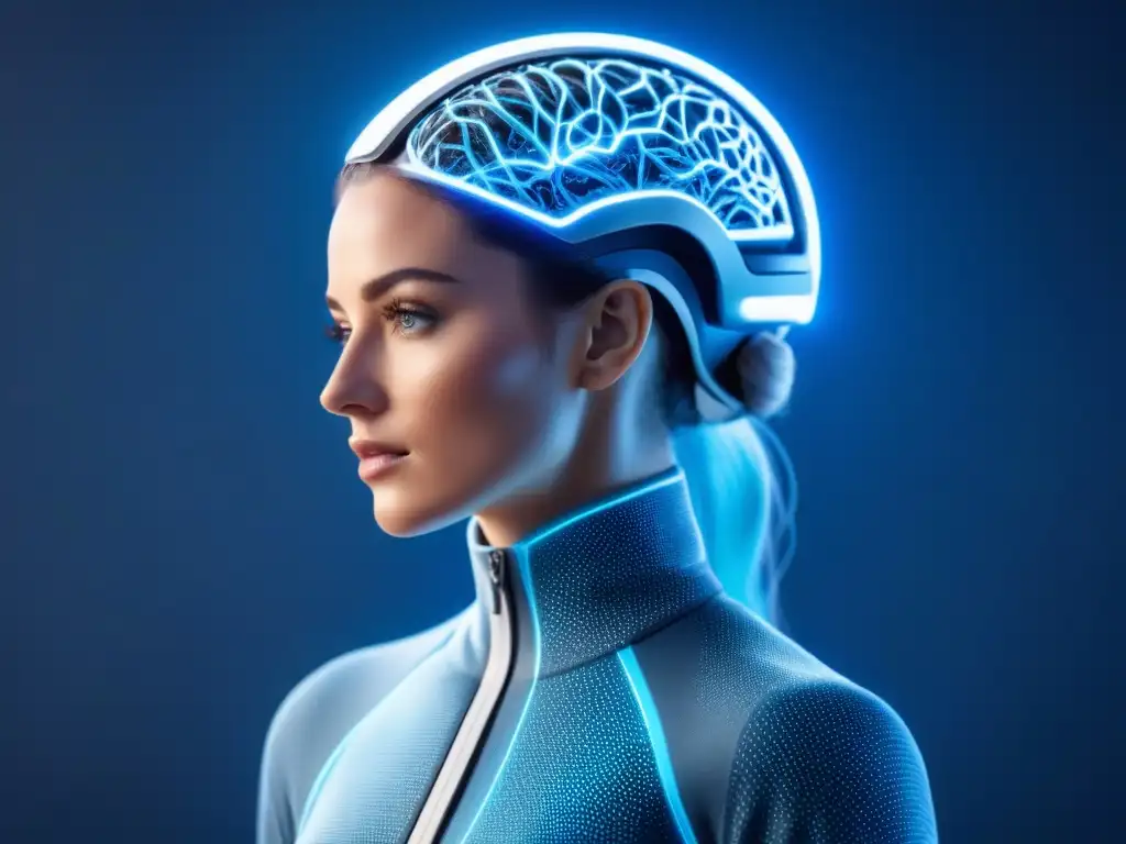 Interfaz cerebral futurista con conexiones neuronales Un paciente con interfaz cerebrocomputadora en un mundo futurista de datos neurológicos