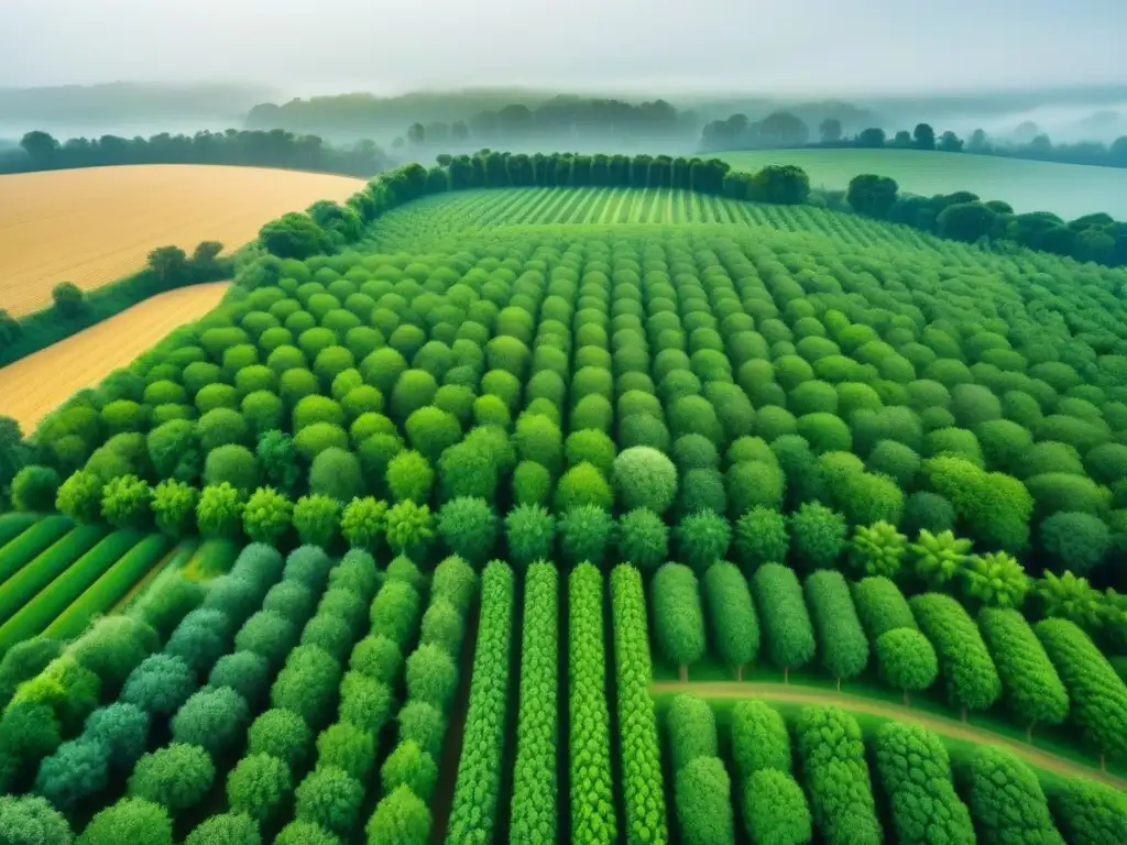 Un paisaje agrícola armonioso con árboles altos, cultivos y senderos, mostrando los beneficios agroforestales en sistemas agrícolas