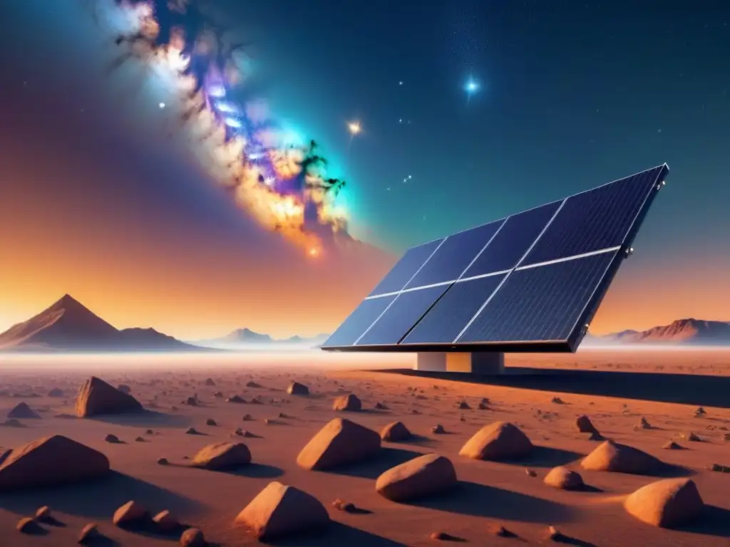 Un paisaje cósmico con paneles solares flotantes, reflejando la tecnología y sostenibilidad de 'Paneles solares en el espacio'