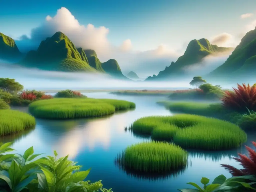 Un paisaje exuberante de humedal con plantas vibrantes para fitoremediación de contaminantes químicos