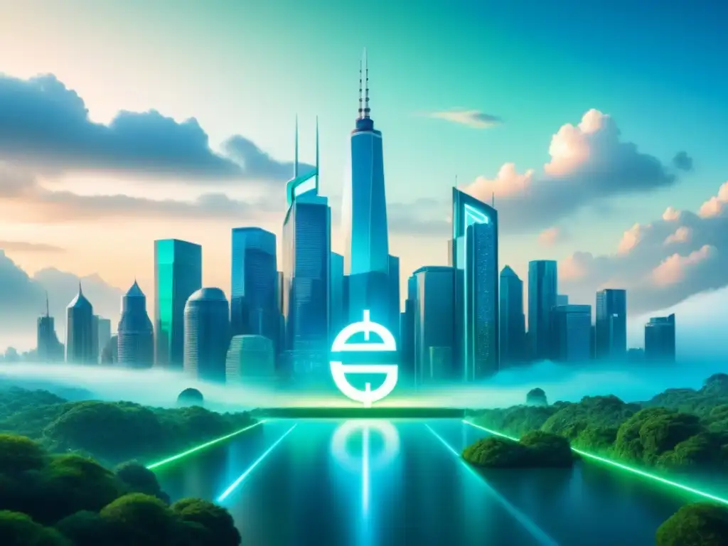 Un paisaje futurista donde criptomonedas y dinero se fusionan en una burbuja innovadora