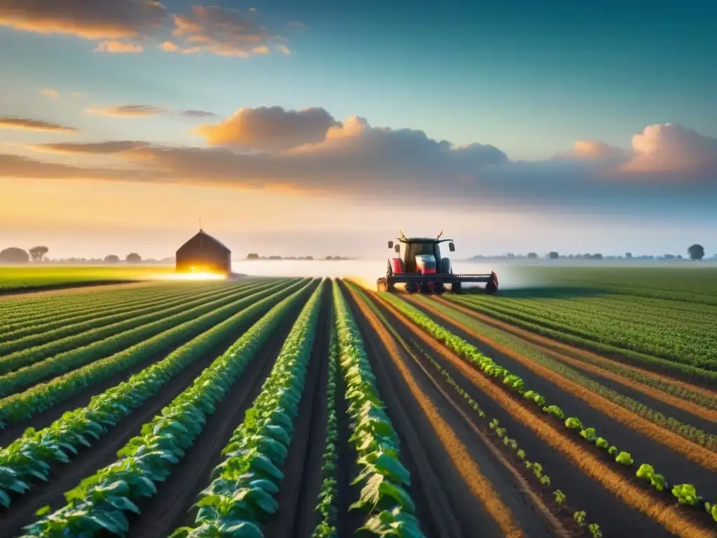 Un paisaje agrícola futurista con cultivos precisos y maquinaria automatizada, bajo un cielo despejado