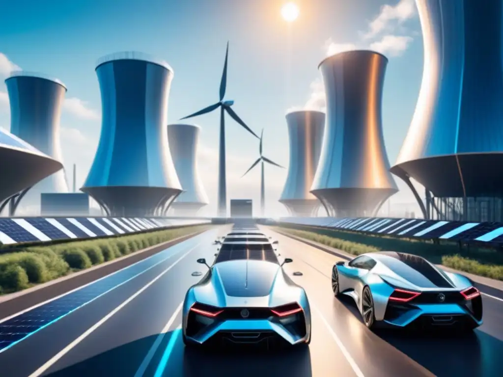 Un paisaje futurista de eficiencia energética con paneles solares, turbinas eólicas y vehículos eléctricos