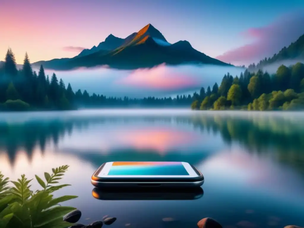 Paisaje futurista de lago tranquilo al atardecer, con dispositivo tecnológico