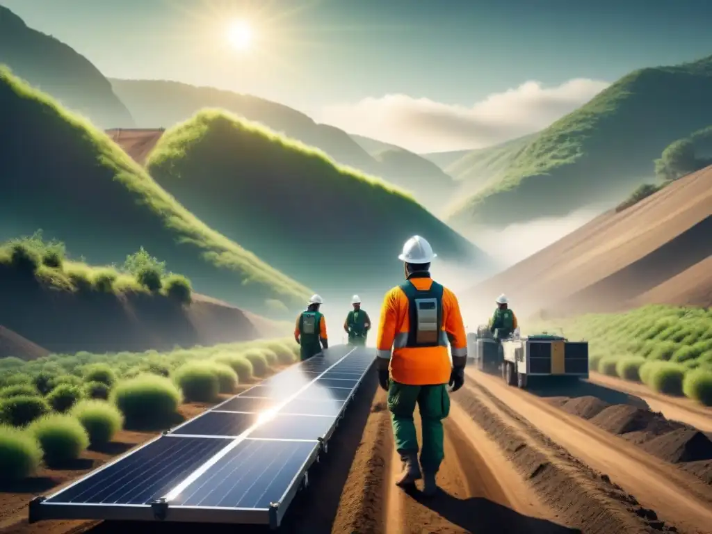Un paisaje futurista de extracción minera sostenible alternativas, con maquinaria avanzada y naturaleza en armonía