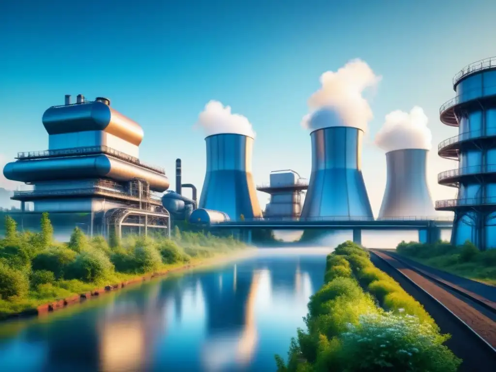 Un paisaje futurista de una planta industrial rodeada de naturaleza, resaltando la innovación en Gestión de recursos en industria