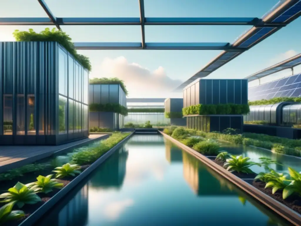 Un paisaje futurista de una planta industrial rodeada de exuberante vegetación y agua cristalina, simbolizando la sostenibilidad hídrica en industrias