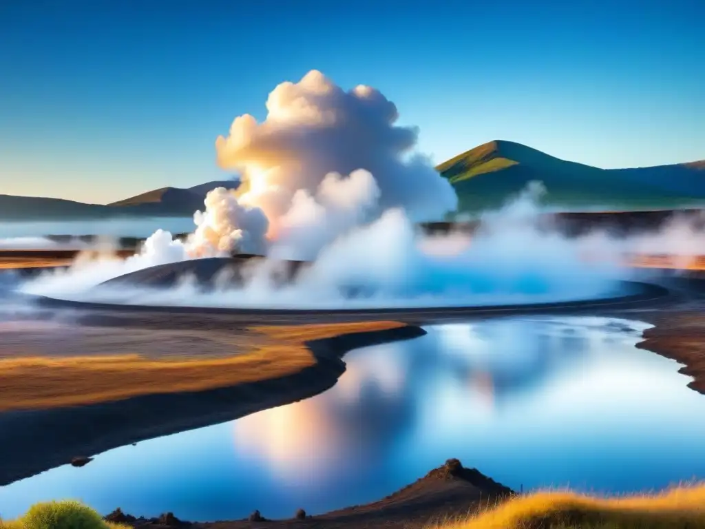 Un paisaje geotérmico sereno y minimalista que muestra un vasto campo geotérmico prístino con vapor emanando de la tierra bajo un cielo azul claro