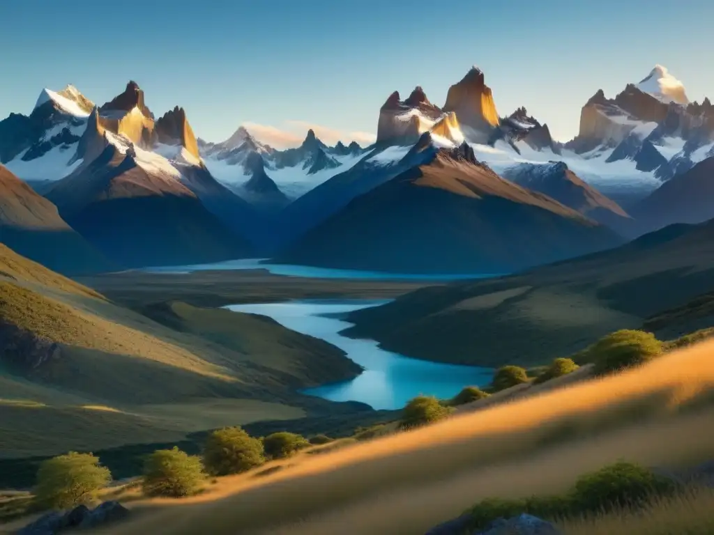 Un paisaje icónico de la cordillera en Patagonia, con picos afilados proyectando sombras al atardecer