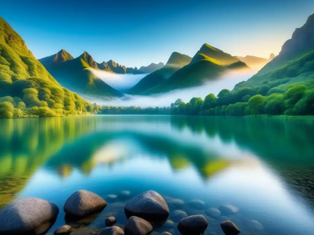 Paisaje idílico de lago sereno rodeado de montañas verdes, reflejando el cielo azul