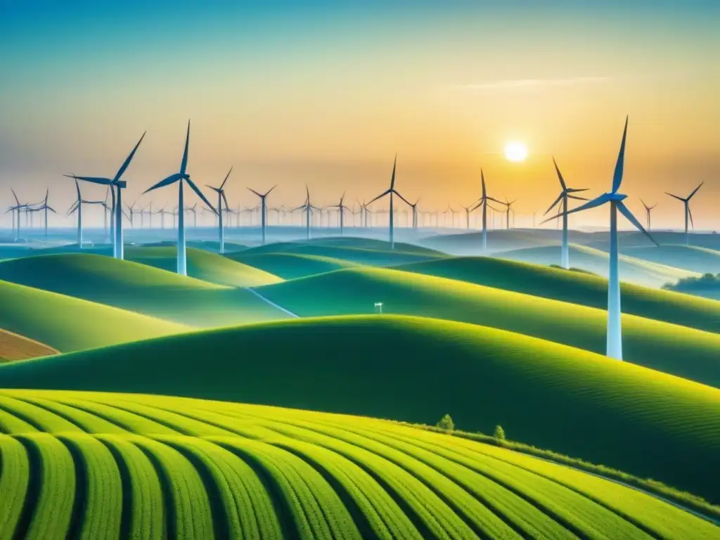 Un paisaje impactante de campos de energía renovable con molinos de viento alineados, bajo un cielo azul