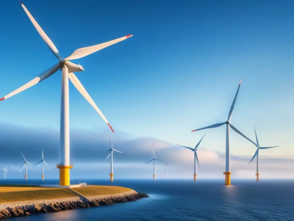 Un paisaje impresionante de energía eólica offshore, con molinos blancos girando en armonía bajo un cielo azul, promoviendo el desarrollo sostenible