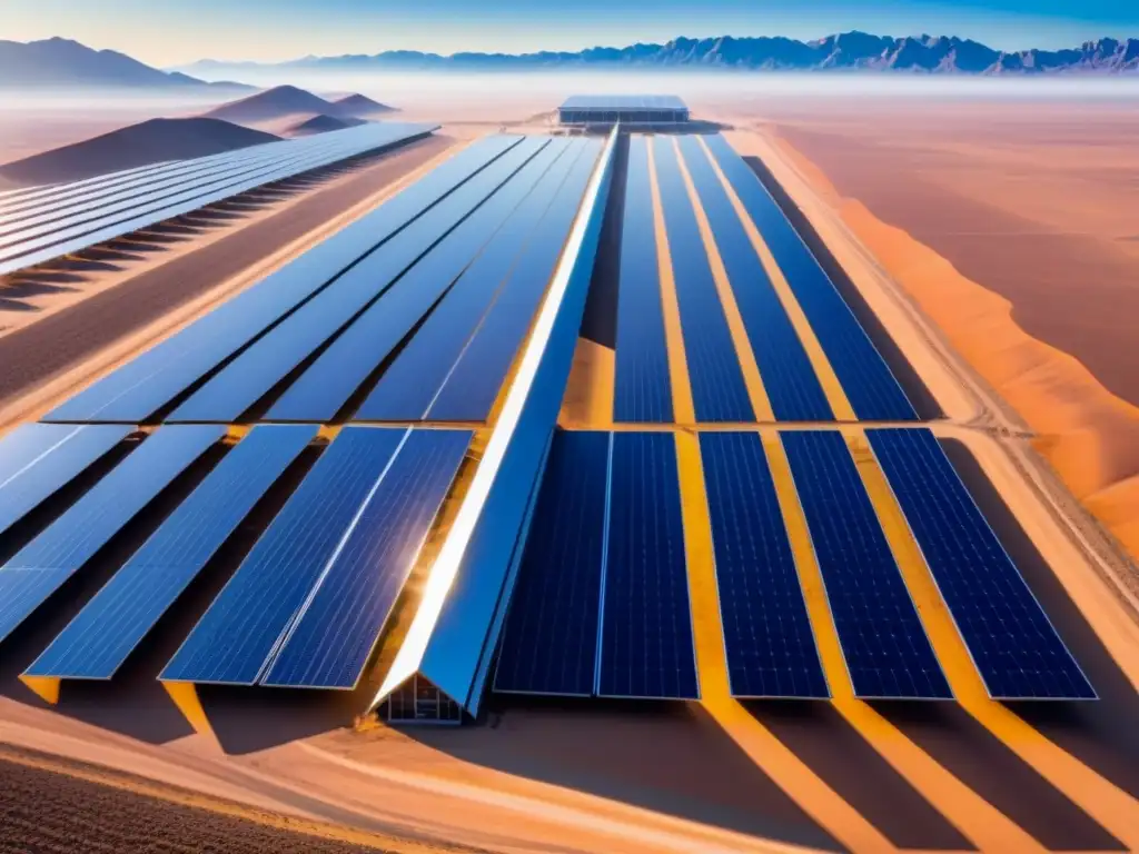 Granja solar futurista en desierto: energía renovable y tecnología AI Un paisaje impresionante de granja solar futurista en el desierto, reflejando la luz con precisión