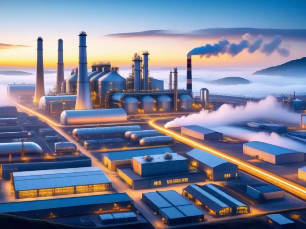 Un paisaje industrial complejo con fábricas, instalaciones de investigación y avances tecnológicos integrados en la naturaleza, reflejando el impacto de las patentes en el crecimiento industrial