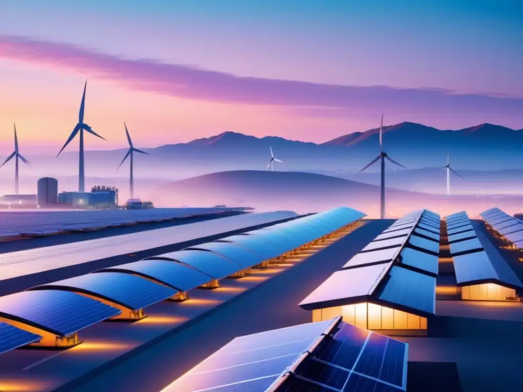 Un paisaje industrial futurista al atardecer con tecnologías energéticas avanzadas integradas