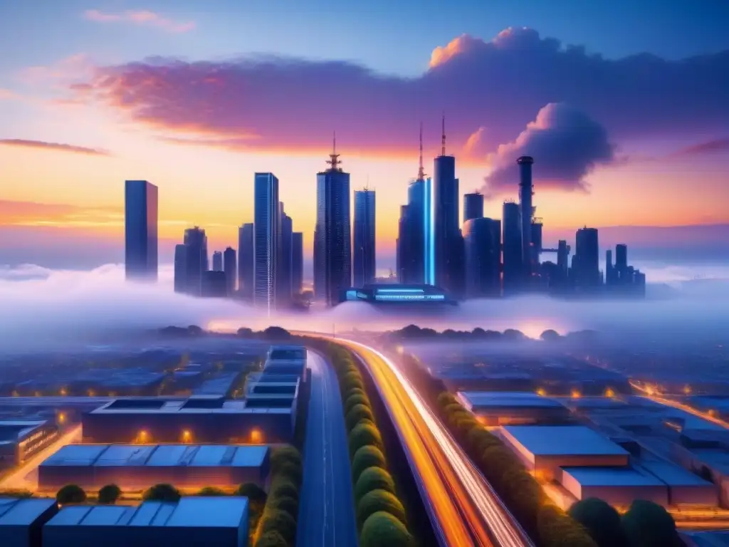 Metrópolis futurista: ciudad industrial en el crepúsculo Un paisaje industrial futurista y minimalista al anochecer, con rascacielos brillantes y una integración perfecta de naturaleza y tecnología