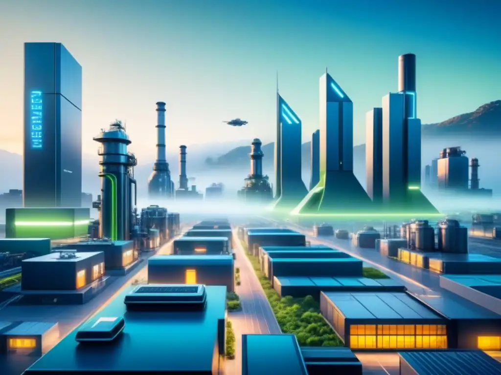 Metrópolis industrial futurista: innovación y eficiencia en acción Un paisaje industrial futurista con tecnología avanzada y eficiente, ideal para estrategia SEO para panorama industrial
