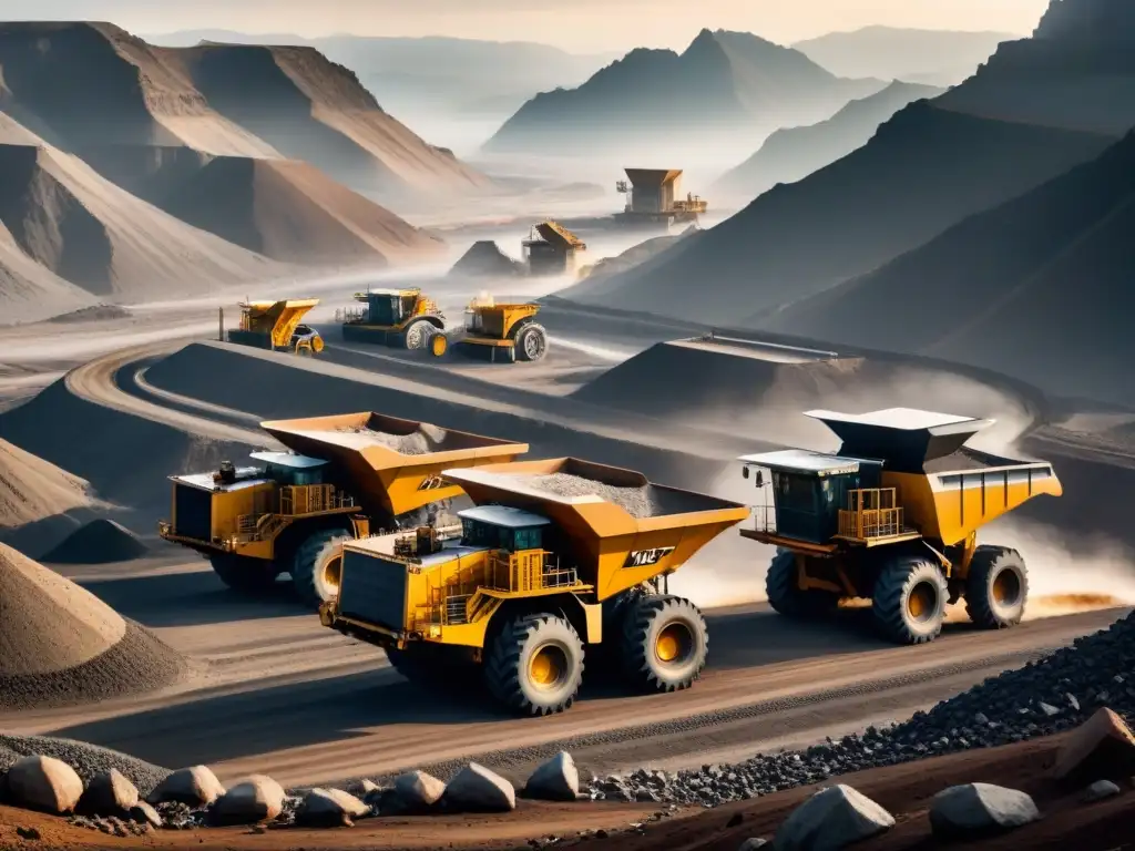 Un paisaje industrial minero con maquinaria gigante entre montañas de tierra y rocas