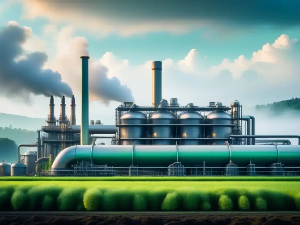 Un paisaje industrial minimalista donde la recuperación de energía en industrias se fusiona armoniosamente con la naturaleza