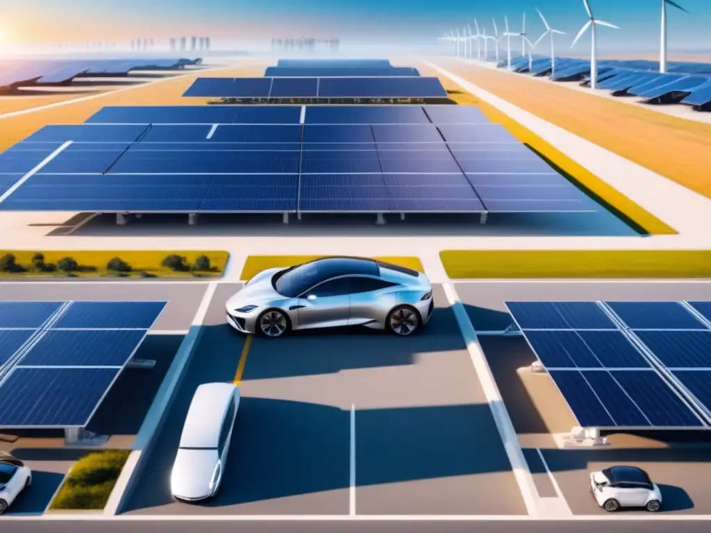 Un paisaje industrial moderno con paneles solares, turbinas eólicas y autos eléctricos, resaltando la eficiencia energética en productos industriales