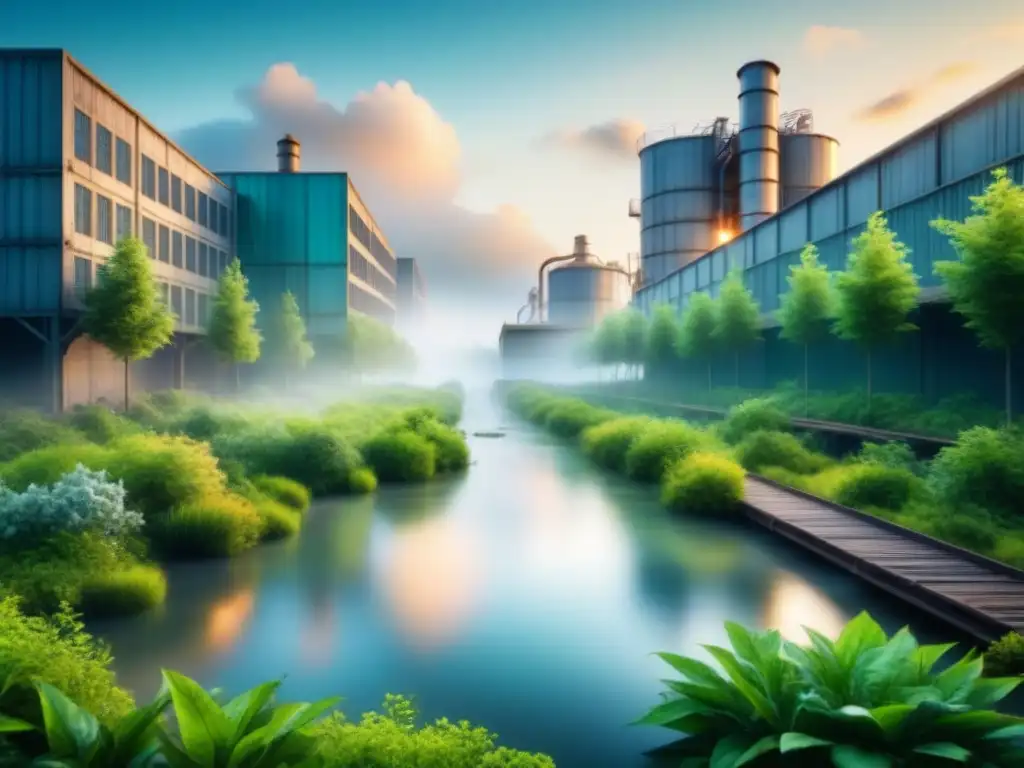 Un paisaje industrial sereno transformado por la bioremediación: gestión sostenible residuos industriales bioremediación