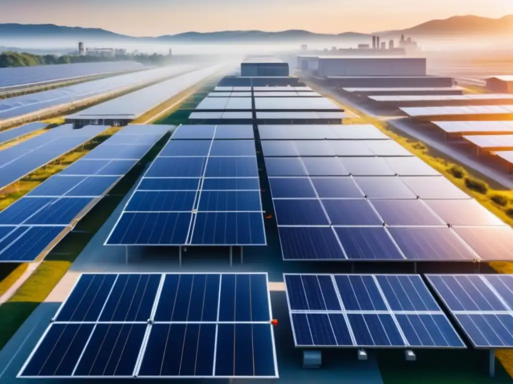 Un paisaje industrial transformado por la energía solar, simbolizando el impacto positivo en las industrias