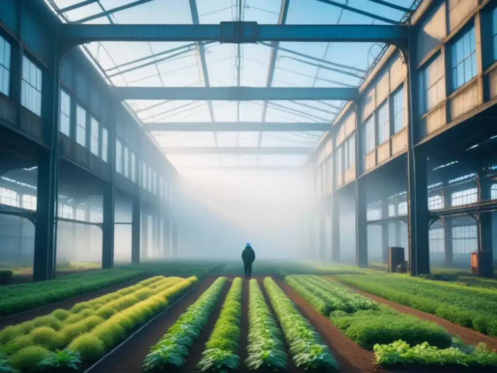 Un paisaje industrial transformado por exuberante vegetación, simbolizando la fitorremediación en limpieza industrial