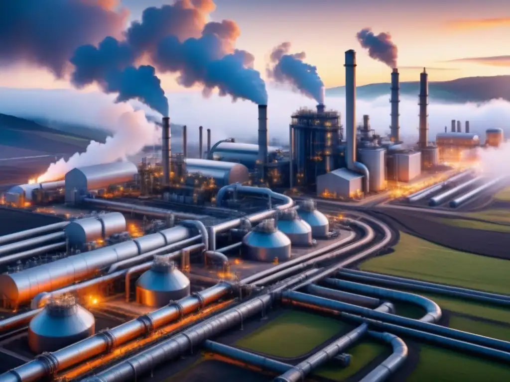 Geotermia industrial: eficiencia y sostenibilidad en 8k Un paisaje industrial vasto y detallado con fábricas operadas por energía geotérmica