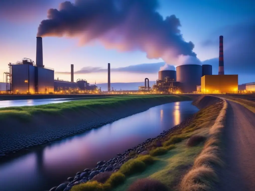 Un paisaje industrial vasto al anochecer, con una fábrica emitiendo luz cálida