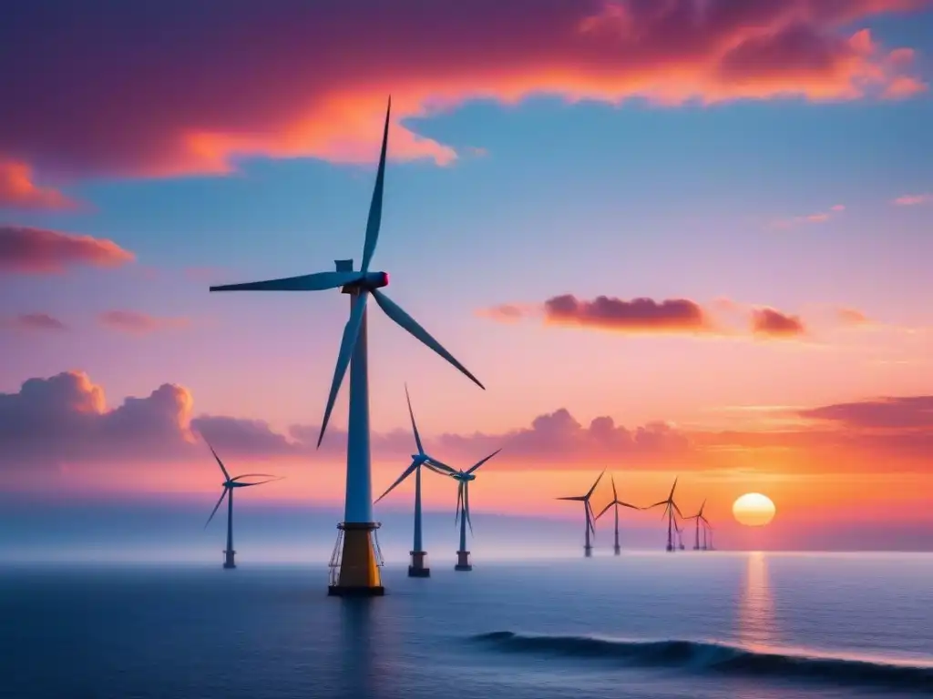 Paisaje marino al atardecer con molino de viento, reflejando cielos vibrantes