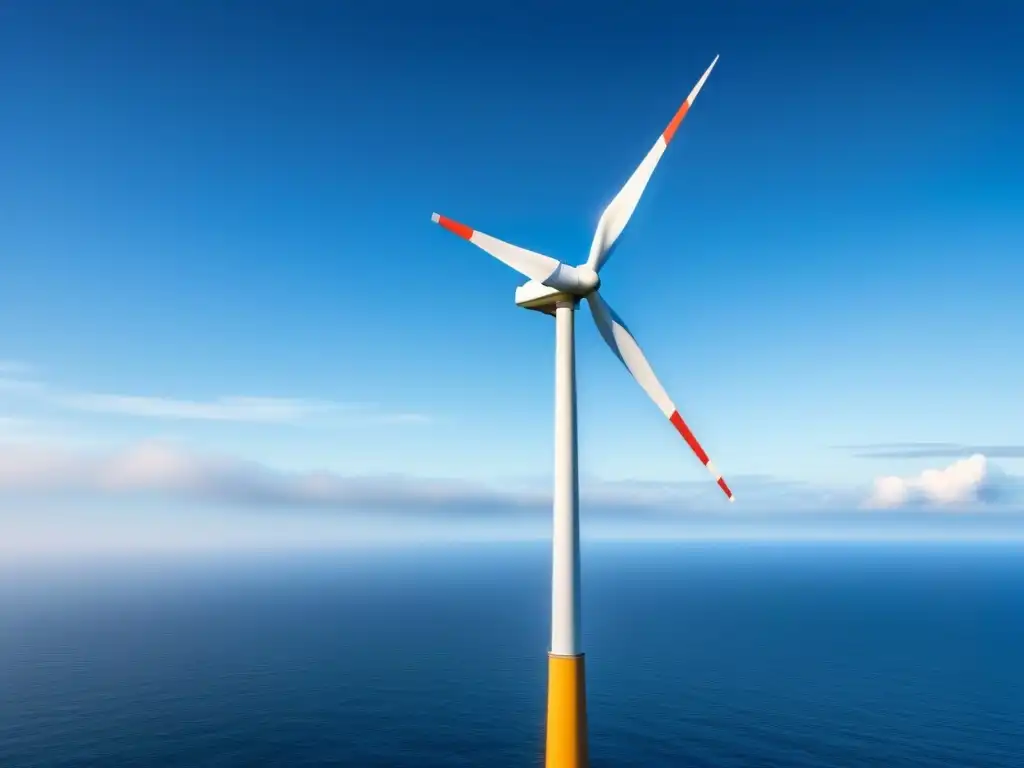 Un paisaje marino con un moderno aerogenerador en el horizonte, simbolizando la viabilidad económica de proyectos de energía eólica