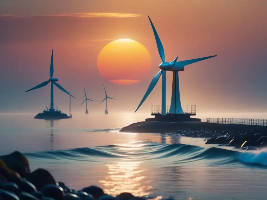 Turbinas de marea: energía renovable al atardecer Un paisaje marino sereno al atardecer con una turbina mareomotriz elegante, simbolizando la energía mareomotriz en la transición energética global