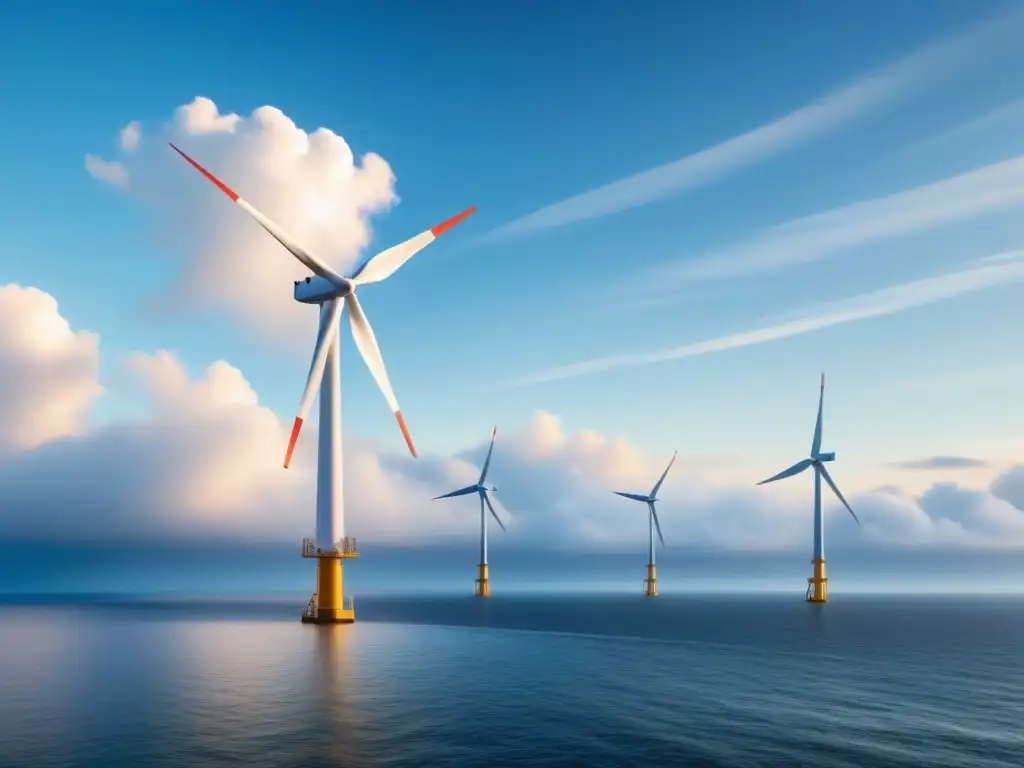 Un paisaje marino sereno con una moderna turbina eólica offshore sostenible girando sus aspas contra un cielo calmo