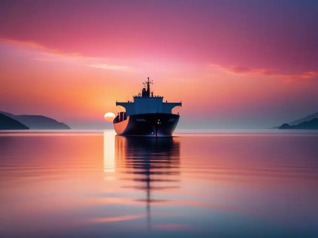 Paisaje marítimo: un barco de carga navega en aguas tranquilas al atardecer, reflejando un cielo naranja y rosado