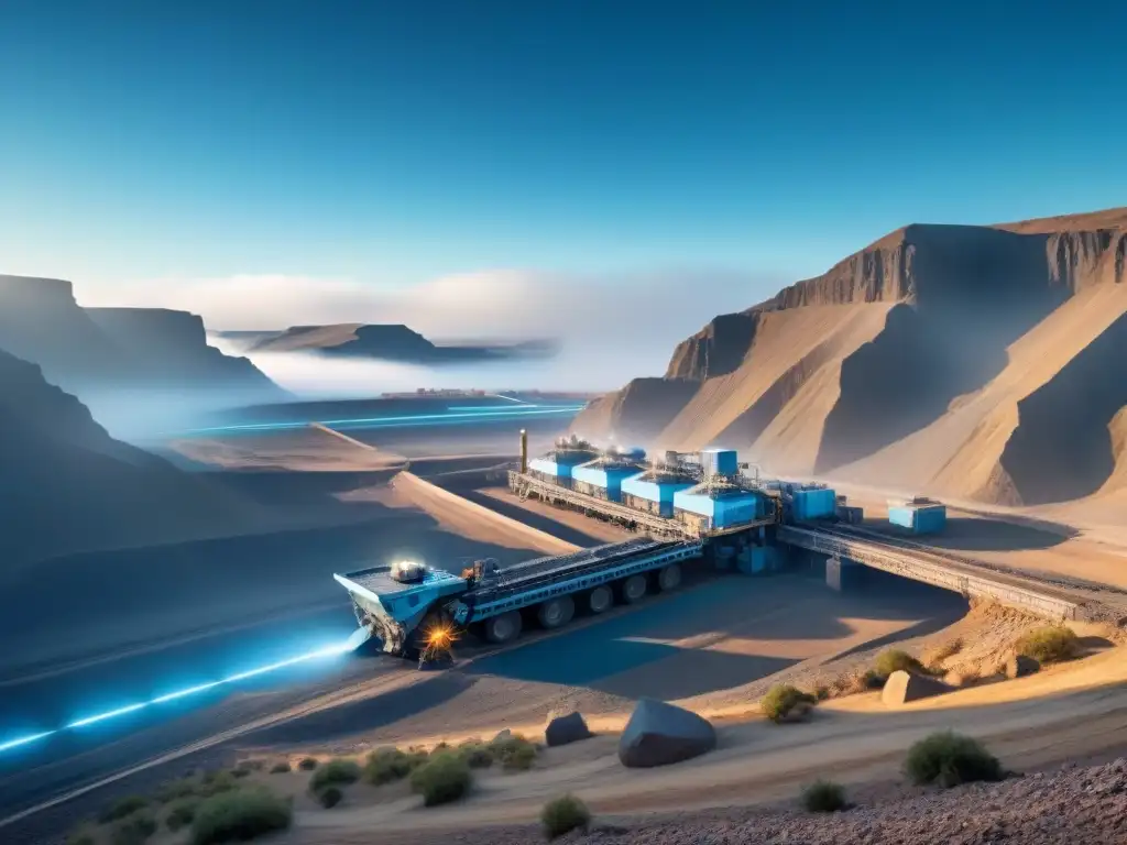 Un paisaje minero futurista con equipos geotecnológicos integrados, en tonos azules y metálicos