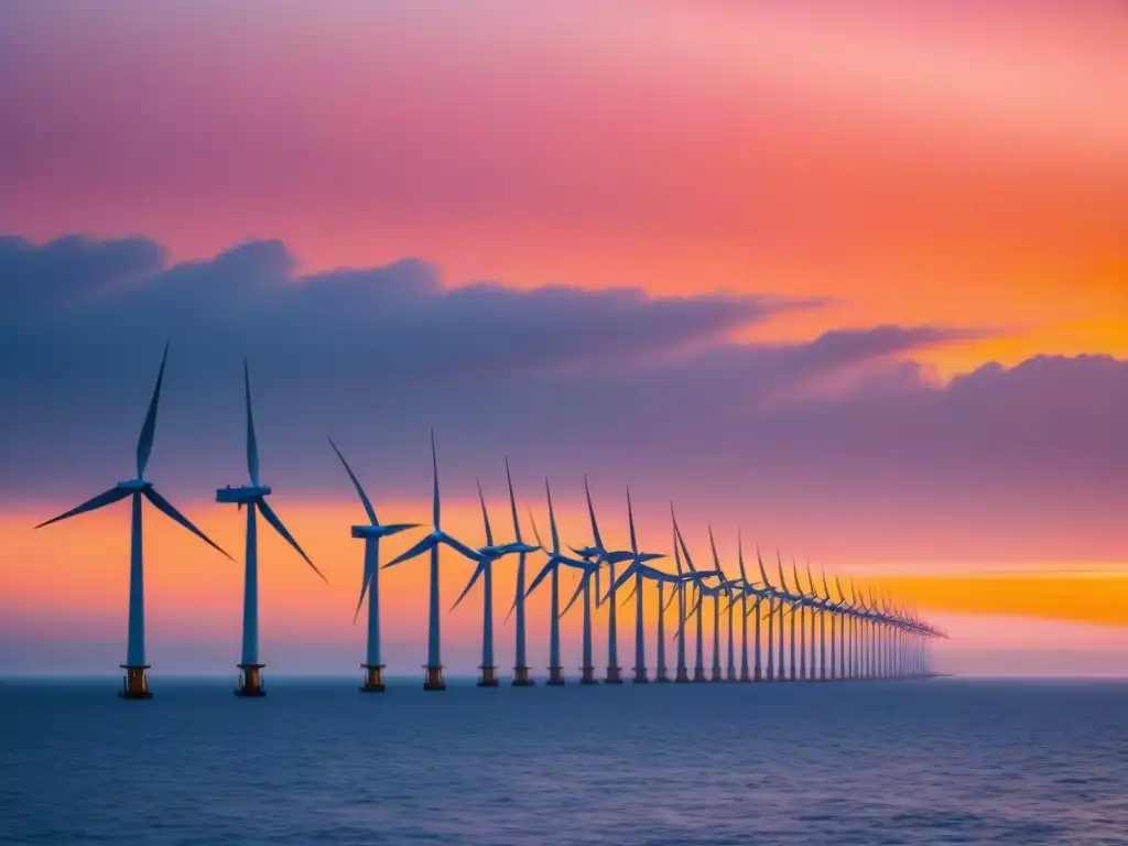 Un paisaje minimalista y futurista de un parque eólico marino al atardecer, reflejando el desarrollo tecnológico en energía eólica offshore