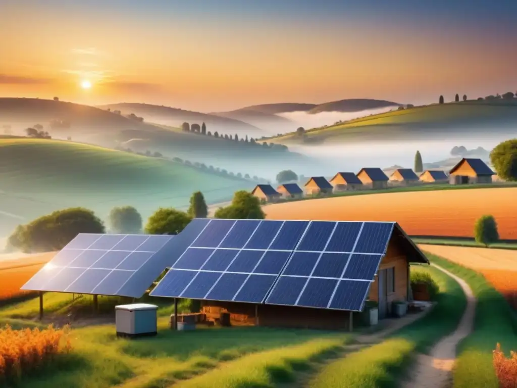 Paisaje rural al atardecer con paneles solares, reflejando el impacto socioeconómico de la energía solar en comunidades