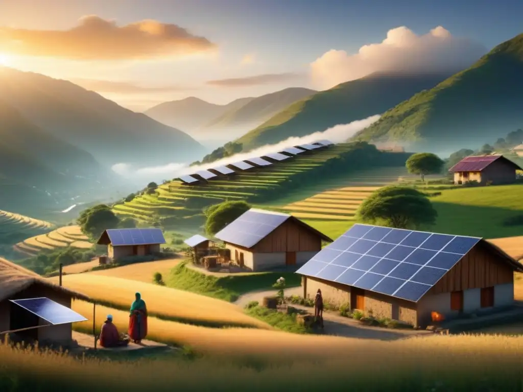 Paisaje rural con energía solar en comunidades remotas al atardecer