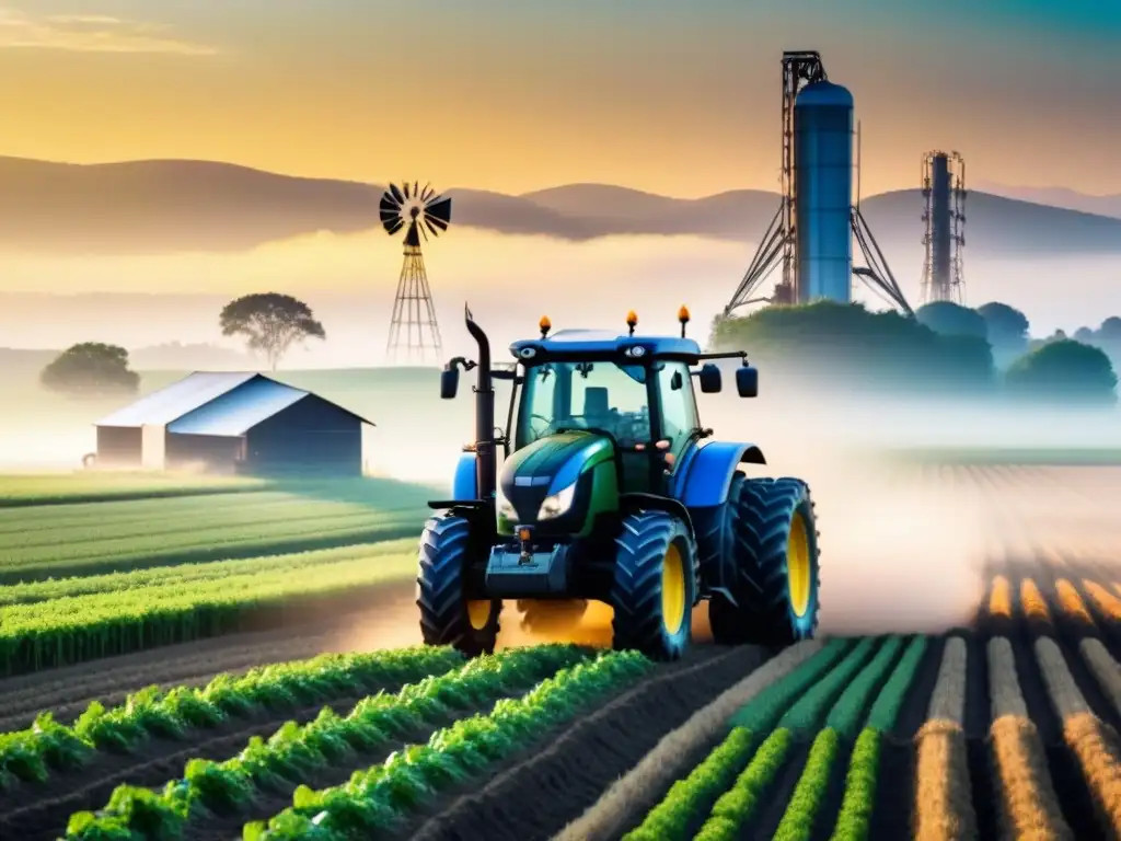 Un paisaje rural al amanecer con un tractor moderno de agricultura de precisión en conectividad rural, rodeado de campos verdes exuberantes