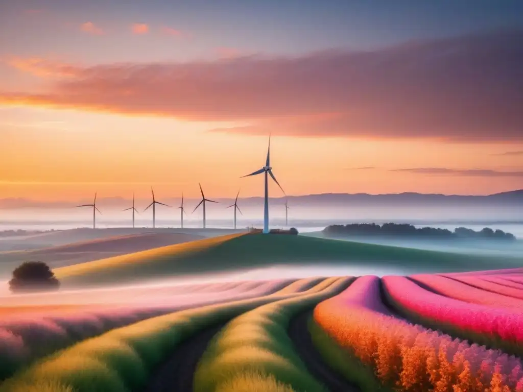 Un paisaje sereno al atardecer con un molino de viento solitario, reflejando el impacto ambiental de tecnologías de almacenamiento de energía