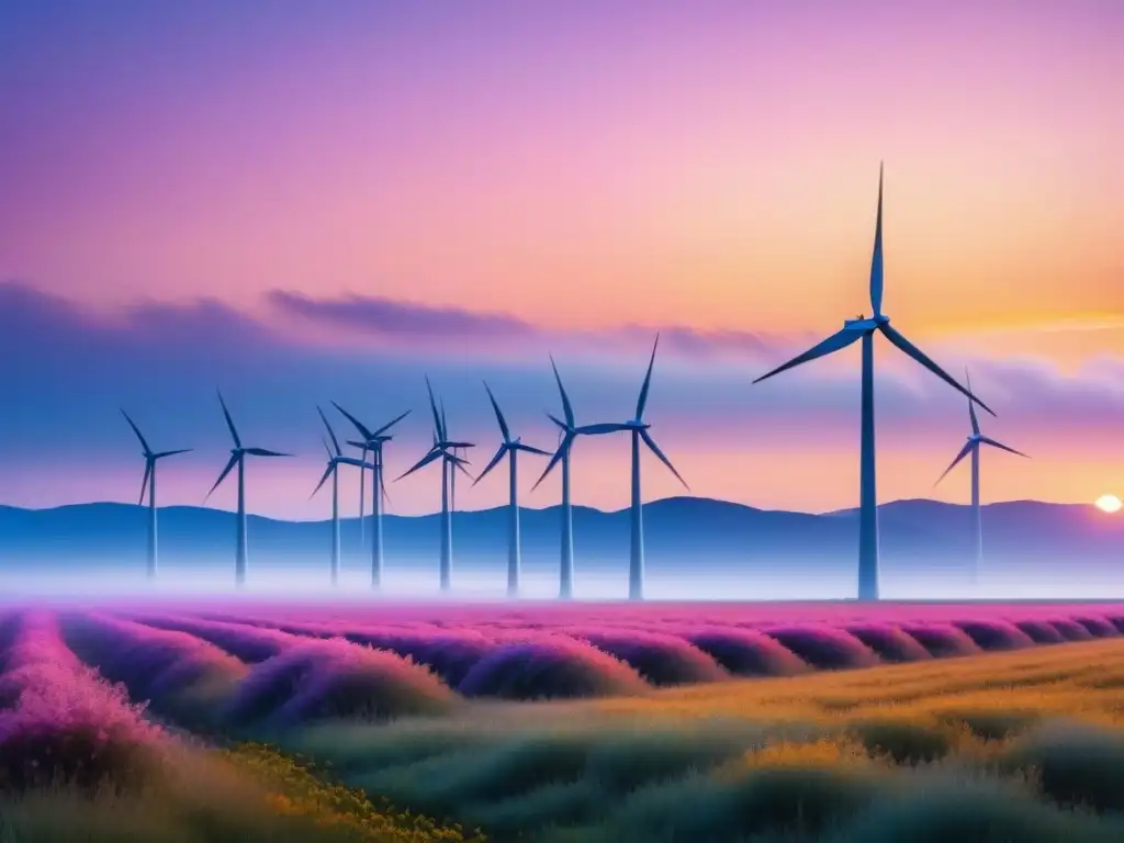 Paisaje sereno al atardecer con molinos de viento y cielo colorido