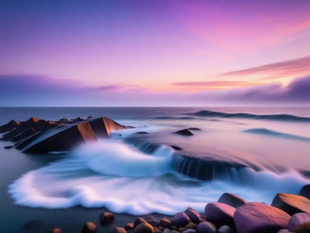 Paisaje sereno al atardecer con olas suaves en la costa rocosa