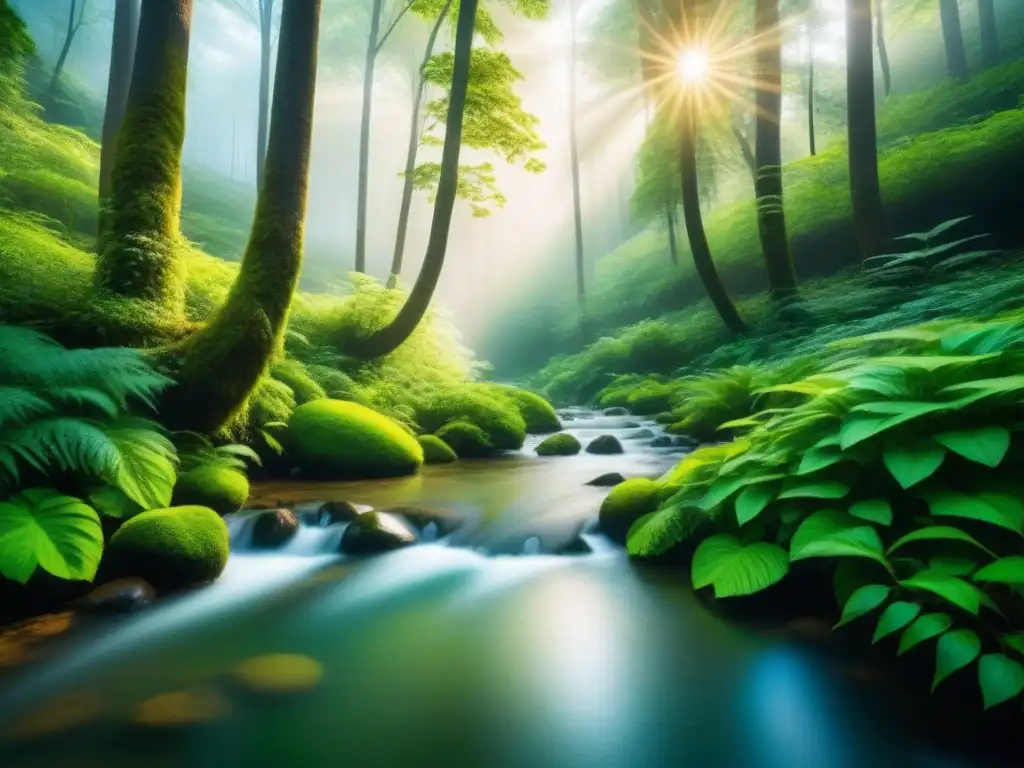 Paisaje sereno de un bosque verde con un arroyo, árboles altos y follaje vibrante