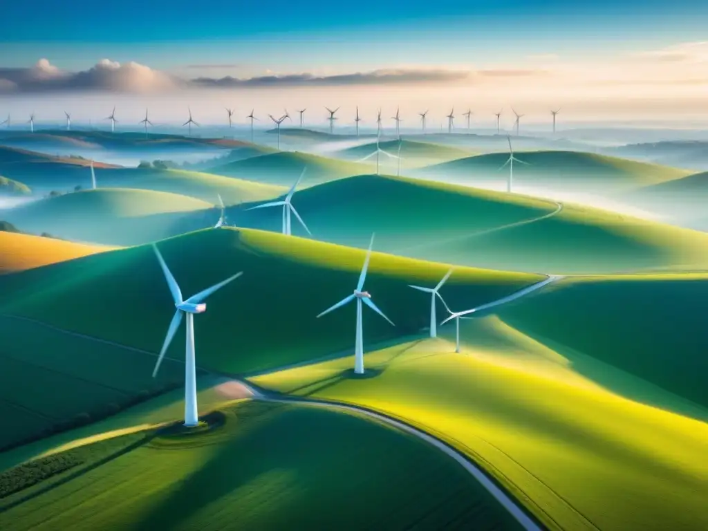 Paisaje sereno de campos verdes con molinos de viento girando bajo cielo azul