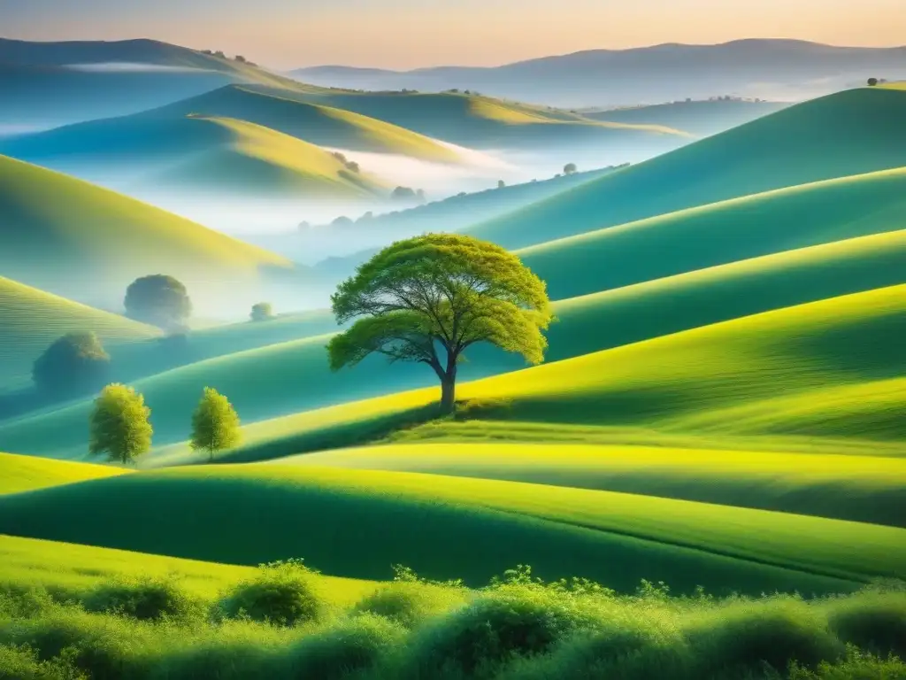 Paisaje sereno de colinas verdes y un árbol solitario, transmitiendo armonía con la naturaleza y técnicas de extracción sostenibles mineras