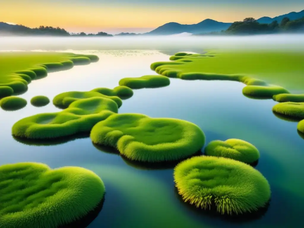 Paisaje sereno de un estanque con algas verdes vibrantes bajo el sol poniente