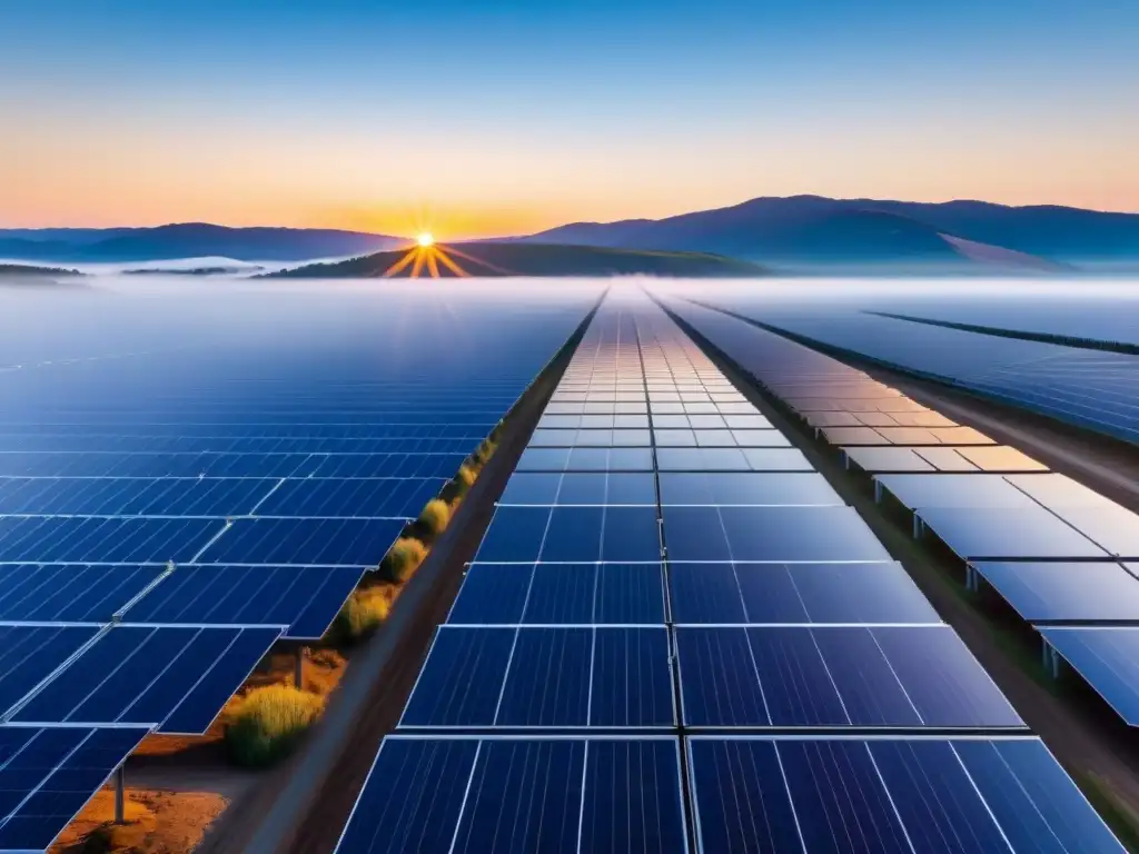 Un paisaje sereno de un extenso campo solar bajo un cielo azul, reflejando el sol